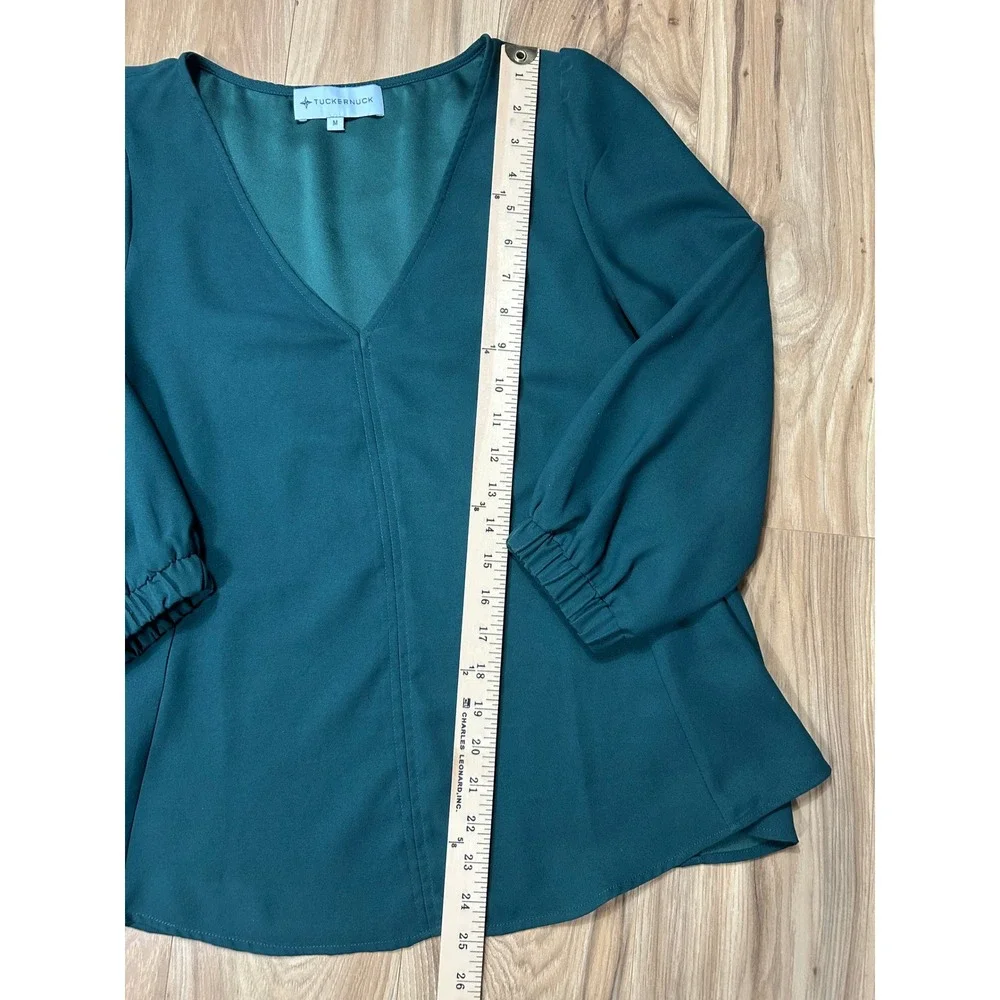 Tuckernuck V-Neck Puff Sleeve Blouse Top SET/2 Womens M Black Green Preppy Flowy